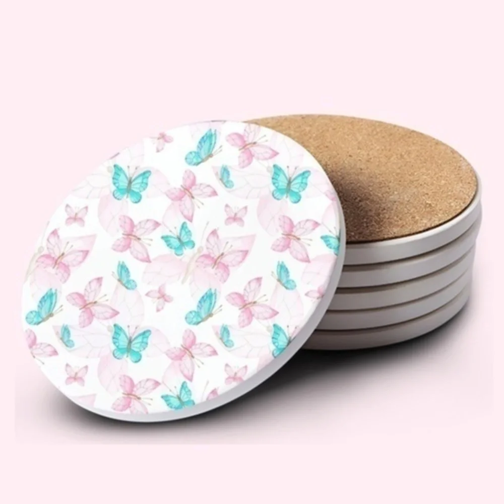 Pink And Blue Butterflies Ceramic Bar Coasters